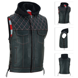 ADM Men’s SOA Cowhide Leather Motorcycle Vest with Hood – Concealed Carry Gun Pockets, Side Laces, Club Riding Biker Vest ADM LEATHER