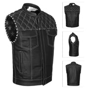 ADM Leather Men’s SOA Biker Vest — Genuine Cowhide Leather, White Stitching, Band Collar, Concealed Carry Gun Pockets, Club Style Motorcycle Vest ADM LEATHER