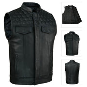 ADM SOA Men’s Genuine Cowhide Leather Motorcycle Vest, Biker Club Vest with Band Collar, Concealed Carry Pockets & Black Stitching Rider Vest ADM LEATHER