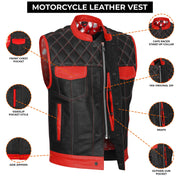 ADM Leather Men’s SOA Biker Vest – Genuine Cowhide Black Leather, Red Pockets, Band Collar, Concealed Carry, Club-Style Side Zipper Motorcycle Vest ADM LEATHER