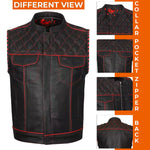 ADM Leather Men’s Genuine Cowhide Biker Vest — Red Stitching, Band Collar, Concealed Carry Gun Pockets, Club Style Motorcycle Vest ADM LEATHER
