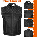 ADM Leather Men’s SOA Biker Vest — Genuine Cowhide Leather, White Stitching, Band Collar, Concealed Carry Gun Pockets, Club Style Motorcycle Vest ADM LEATHER