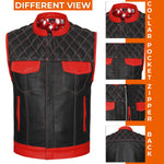 ADM Leather Men’s SOA Biker Vest – Genuine Cowhide Black Leather, Red Pockets, Band Collar, Concealed Carry, Club-Style Side Zipper Motorcycle Vest ADM LEATHER