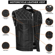 ADM Leather Men’s SOA Biker Vest — Genuine Cowhide Leather, White Stitching, Band Collar, Concealed Carry Gun Pockets, Club Style Motorcycle Vest ADM LEATHER