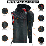 ADM Men’s SOA Cowhide Leather Motorcycle Vest with Hood – Concealed Carry Gun Pockets, Side Laces, Club Riding Biker Vest ADM LEATHER