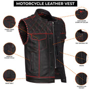 ADM Leather Men’s Genuine Cowhide Biker Vest — Red Stitching, Band Collar, Concealed Carry Gun Pockets, Club Style Motorcycle Vest ADM LEATHER
