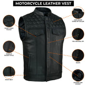 ADM SOA Men’s Genuine Cowhide Leather Motorcycle Vest, Biker Club Vest with Band Collar, Concealed Carry Pockets & Black Stitching Rider Vest ADM LEATHER