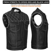 ADM Leather Men’s SOA Biker Vest — Genuine Cowhide Leather, White Stitching, Band Collar, Concealed Carry Gun Pockets, Club Style Motorcycle Vest ADM LEATHER