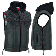 ADM Men’s SOA Cowhide Leather Motorcycle Vest with Hood – Concealed Carry Gun Pockets, Side Laces, Club Riding Biker Vest ADM LEATHER