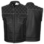 ADM Leather Men’s SOA Biker Vest — Genuine Cowhide Leather, White Stitching, Band Collar, Concealed Carry Gun Pockets, Club Style Motorcycle Vest ADM LEATHER