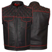ADM Leather Men’s Genuine Cowhide Biker Vest — Red Stitching, Band Collar, Concealed Carry Gun Pockets, Club Style Motorcycle Vest ADM LEATHER