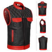 ADM Leather Men’s SOA Biker Vest – Genuine Cowhide Black Leather, Red Pockets, Band Collar, Concealed Carry, Club-Style Side Zipper Motorcycle Vest ADM LEATHER