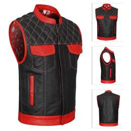 ADM Leather Men’s SOA Biker Vest – Genuine Cowhide Black Leather, Red Pockets, Band Collar, Concealed Carry, Club-Style Side Zipper Motorcycle Vest ADM LEATHER