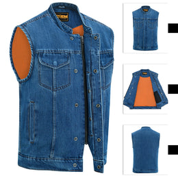 ADM Leather Men’s SOA Style Blue Denim Motorcycle Biker Vest – Diamond Quilted Shoulders, Concealed Carry Pockets, Band Collar ADM LEATHER