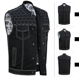 A collage of images displaying a men's motorcycle club-style vest with white stitching, denim chest panels, and mesh body. It features a standup collar, dual concealed carry gun pockets, and a heavy-duty YKK zipper.