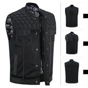 ADM Leather Men’s SOA Denim & Mesh Motorcycle Vest – Black Stitching, Concealed Carry Gun Pockets, YKK Zipper, Club-Style Band Collar ADM LEATHER