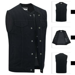 A collage of four images showing a men's black denim motorcycle biker vest with diamond quilted shoulders, concealed carry gun pockets, and a club riding vest design. It includes views of the front, back, and two different angles of the vest.