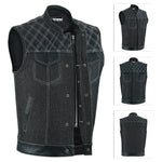 ADM Leather Men’s SOA Style Denim & Leather Motorcycle Vest – Diamond Quilted Shoulders, Gun Pockets, Club Riding Vest, White Stitching With Band Collar ADM LEATHER