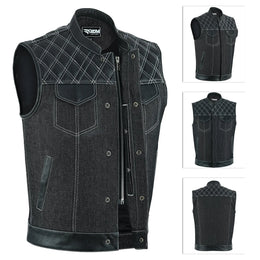 ADM Leather Men’s SOA Style Denim & Leather Motorcycle Vest – Diamond Quilted Shoulders, Gun Pockets, Club Riding Vest, White Stitching With Band Collar ADM LEATHER