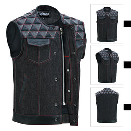 ADM Leather Men’s SOA Style Denim & Leather Motorcycle Vest – Diamond Quilted Shoulders, Concealed Gun Pockets, White Embroidery, Red Stitching, Band Collar ADM LEATHER