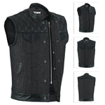 ADM Leather Men’s SOA Style Denim & Leather Motorcycle Vest – Diamond Quilted Shoulders, Gun Pockets, Club Riding Vest, Black Stitching With Band Collar ADM LEATHER