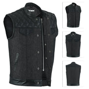 ADM Leather Men’s SOA Style Denim & Leather Motorcycle Vest – Diamond Quilted Shoulders, Gun Pockets, Club Riding Vest, Black Stitching With Band Collar ADM LEATHER