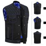 ADM Leather Men’s SOA Denim & Mesh Motorcycle Vest – Blue Stitching, Concealed Carry Pockets, YKK Zipper, Club-Style Band Collar ADM LEATHER