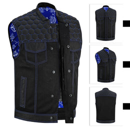 ADM Leather Men’s SOA Denim & Mesh Motorcycle Vest – Blue Stitching, Concealed Carry Pockets, YKK Zipper, Club-Style Band Collar ADM LEATHER