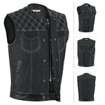 ADM Leather Men’s SOA Style Denim & Leather Motorcycle Vest – Diamond Quilted Shoulders, Gun Pockets, Club Riding Vest, White Stitching With No Band Collar ADM LEATHER
