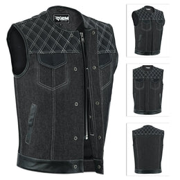 ADM Leather Men’s SOA Style Denim & Leather Motorcycle Vest – Diamond Quilted Shoulders, Gun Pockets, Club Riding Vest, White Stitching With No Band Collar ADM LEATHER