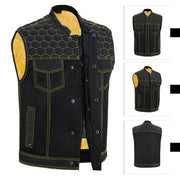 ADM Leather Men’s SOA Denim Mesh Motorcycle Vest – Yellow Stitching, YKK Zipper, Concealed Carry Gun Pockets, Club-Style Band Collar ADM LEATHER