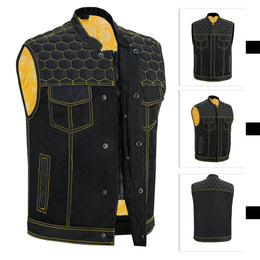 ADM Leather Men’s SOA Denim Mesh Motorcycle Vest – Yellow Stitching, YKK Zipper, Concealed Carry Gun Pockets, Club-Style Band Collar ADM LEATHER