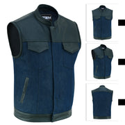 ADM Leather SOA Blue Denim Black Leather Vest, Men’s Motorcycle Biker Club Vest, YKK Zipper, Concealed Carry, Band Collar Rider Vest ADM LEATHER