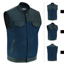 ADM Leather SOA Blue Denim Black Leather Vest, Men’s Motorcycle Biker Club Vest, YKK Zipper, Concealed Carry, Band Collar Rider Vest ADM LEATHER