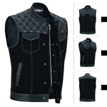 ADM Leather Men’s SOA Denim & Leather Motorcycle Vest – Diamond Quilted Shoulders, Concealed Gun Pockets, White Stitching, Band Collar ADM LEATHER