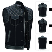 ADM Leather Men’s SOA Denim & Leather Motorcycle Vest – Diamond Quilted Shoulders, Concealed Gun Pockets, White Stitching, Band Collar ADM LEATHER