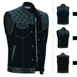 ADM Leather Men’s SOA Denim & Leather Motorcycle Vest – Diamond Quilted Shoulders, Concealed Gun Pockets, Club Style Band Collar, Green Stitching ADM LEATHER