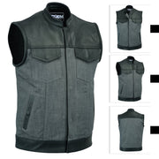 ADM Leather SOA Grey Denim Black Leather Vest, Men’s Motorcycle Club Vest, Concealed Carry Biker Vest with YKK Zipper & Band Collar ADM LEATHER