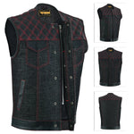ADM Leather Men’s SOA Style Denim & Leather Motorcycle Vest – Diamond Quilted Shoulders, Gun Pockets, Club Riding Vest, Red Stitching with No Band Collar ADM LEATHER