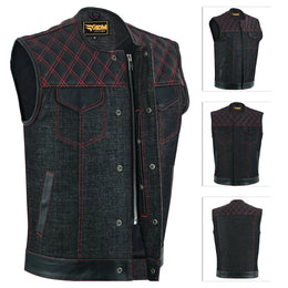 ADM Leather Men’s SOA Style Denim & Leather Motorcycle Vest – Diamond Quilted Shoulders, Gun Pockets, Club Riding Vest, Red Stitching with No Band Collar ADM LEATHER