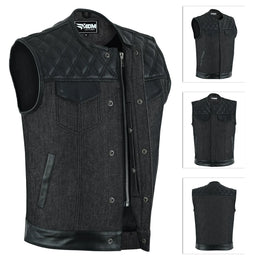 ADM Leather Men’s SOA Style Denim & Leather Motorcycle Vest – Diamond Quilted Shoulders, Gun Pockets, Club Riding Vest, Black Stitching With No Band Collar ADM LEATHER