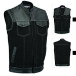 ADM Leather Denim Leather Combo SOA Motorcycle Vest, Men’s Biker Club Vest with Concealed Carry Pockets, YKK Zipper & Band Collar Rider Vest ADM LEATHER