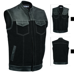 ADM Leather Denim Leather Combo SOA Motorcycle Vest, Men’s Biker Club Vest with Concealed Carry Pockets, YKK Zipper & Band Collar Rider Vest ADM LEATHER