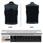ADM Leather Men’s SOA Denim & Leather Motorcycle Vest – Diamond Quilted Shoulders, Concealed Gun Pockets, White Stitching, Band Collar ADM LEATHER