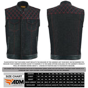 ADM Leather Men’s SOA Style Denim & Leather Motorcycle Vest – Diamond Quilted Shoulders, Gun Pockets, Club Riding Vest, Red Stitching with Band Collar ADM LEATHER