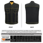 ADM Leather Men’s SOA Denim Mesh Motorcycle Vest – Yellow Stitching, YKK Zipper, Concealed Carry Gun Pockets, Club-Style Band Collar ADM LEATHER