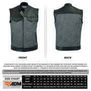ADM Leather SOA Grey Denim Black Leather Vest, Men’s Motorcycle Club Vest, Concealed Carry Biker Vest with YKK Zipper & Band Collar ADM LEATHER