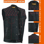ADM Leather Men’s SOA Style Denim & Leather Motorcycle Vest – Diamond Quilted Shoulders, Gun Pockets, Club Riding Vest, Red Stitching with No Band Collar ADM LEATHER