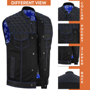 ADM Leather Men’s SOA Denim & Mesh Motorcycle Vest – Blue Stitching, Concealed Carry Pockets, YKK Zipper, Club-Style Band Collar ADM LEATHER