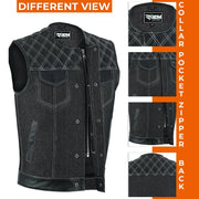 ADM Leather Men’s SOA Style Denim & Leather Motorcycle Vest – Diamond Quilted Shoulders, Gun Pockets, Club Riding Vest, White Stitching With No Band Collar ADM LEATHER